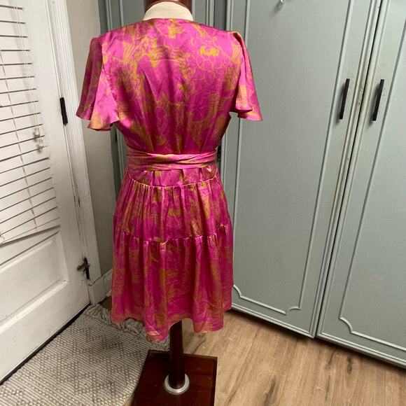 Tanya Taylor Paris Hammered Silk Dress Size 10 Wrap Flutter Sleeve Pink Ruffle - Picture 8 of 11